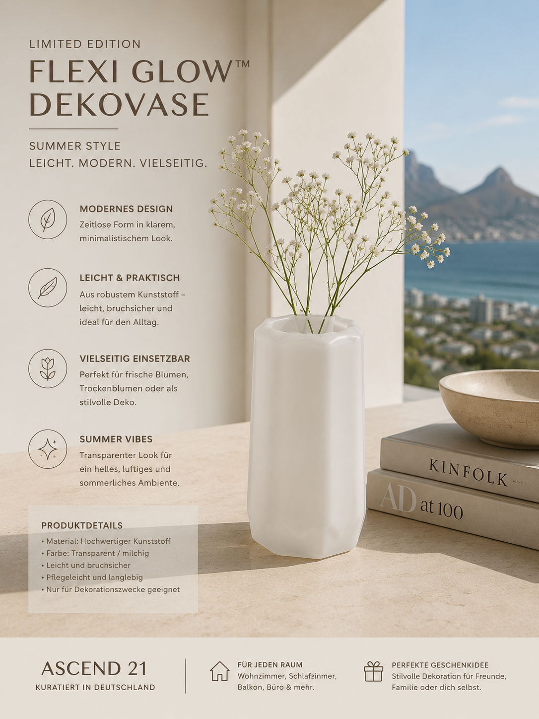 ASCEND 21 Flexi Glow™ Dekovase – Transparente Kunststoff-Vase im modernen Summer Style | Leichte Deko Vase für Wohnzimmer, Balkon & Interior | Minimalistische Vase für Blumen & Dekoration