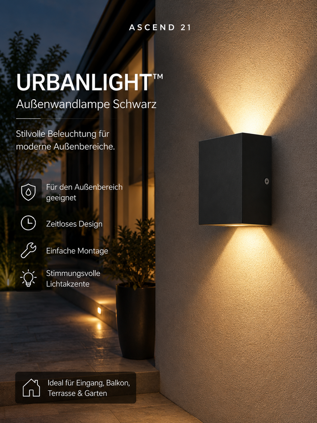 ASCEND 21 UrbanLight™ Außenwandlampe Schwarz – Moderne Wandleuchte für Balkon, Terrasse, Garten & Eingangsbereich | Zeitloses Outdoor-Design