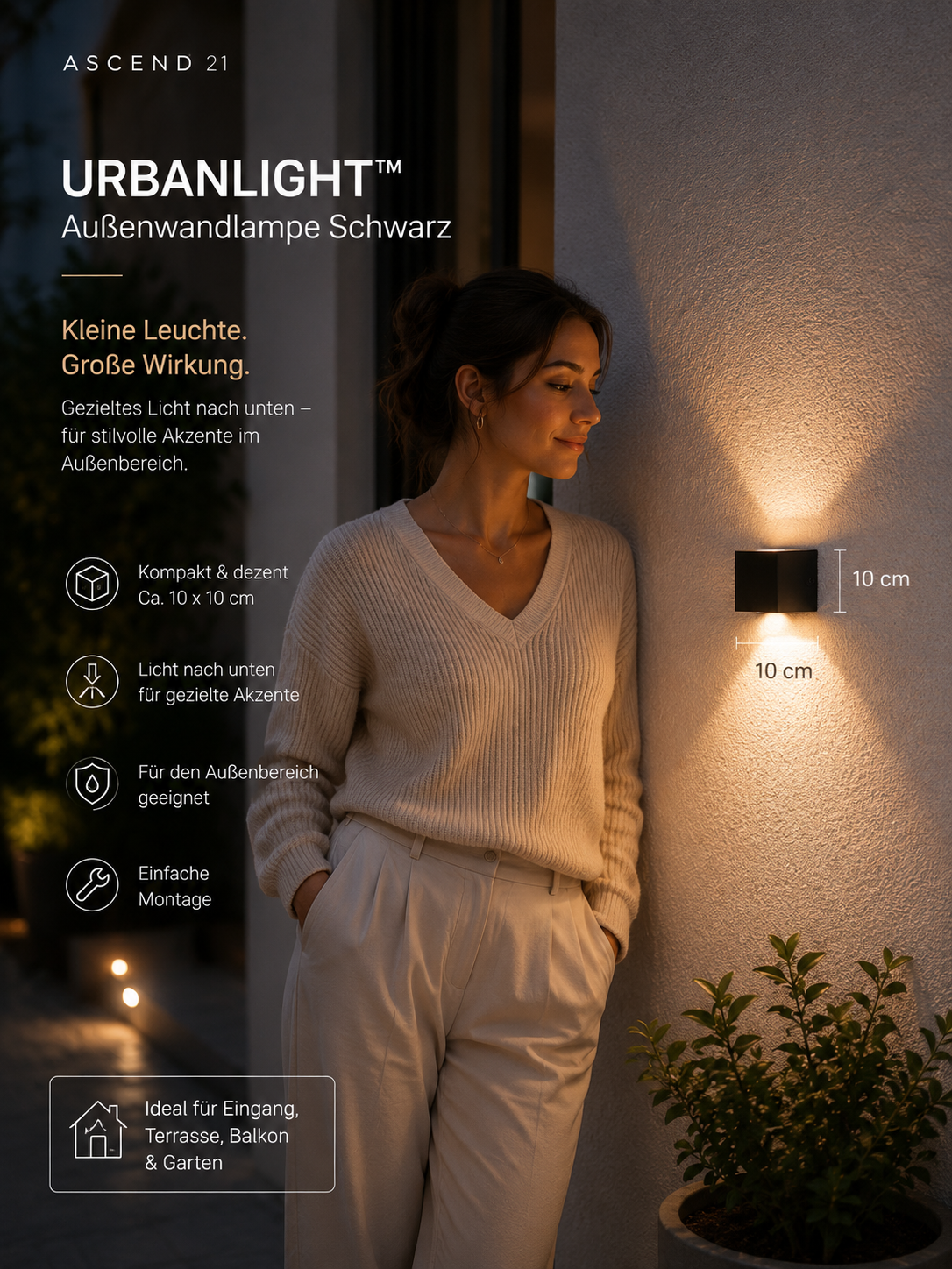 ASCEND 21 UrbanLight™ Außenwandlampe Schwarz – Moderne Wandleuchte für Balkon, Terrasse, Garten & Eingangsbereich | Zeitloses Outdoor-Design
