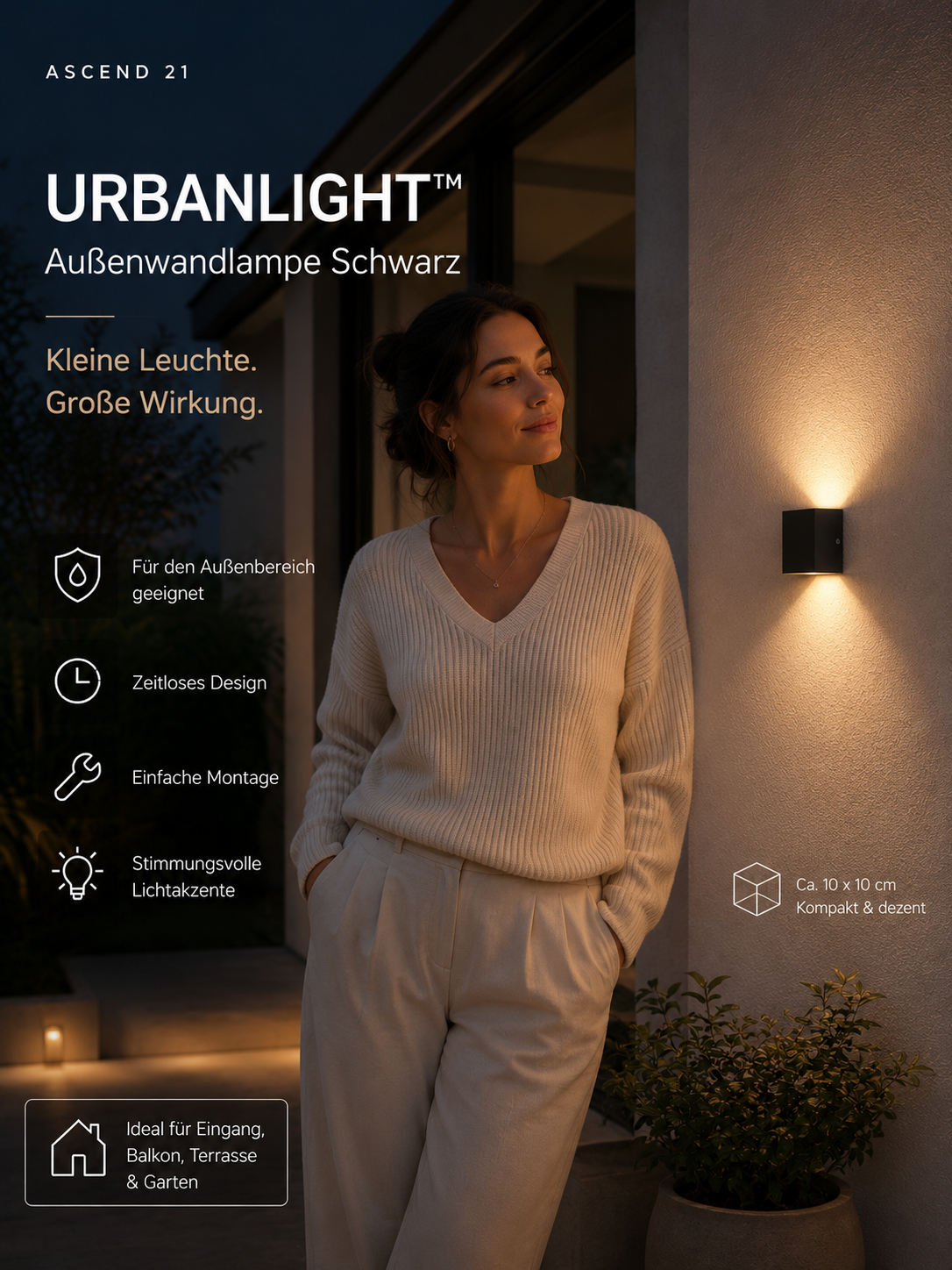 ASCEND 21 UrbanLight™ Außenwandlampe Schwarz – Moderne Wandleuchte für Balkon, Terrasse, Garten & Eingangsbereich | Zeitloses Outdoor-Design