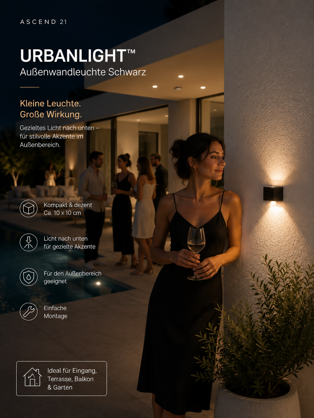 ASCEND 21 UrbanLight™ Außenwandlampe Schwarz – Moderne Wandleuchte für Balkon, Terrasse, Garten & Eingangsbereich | Zeitloses Outdoor-Design