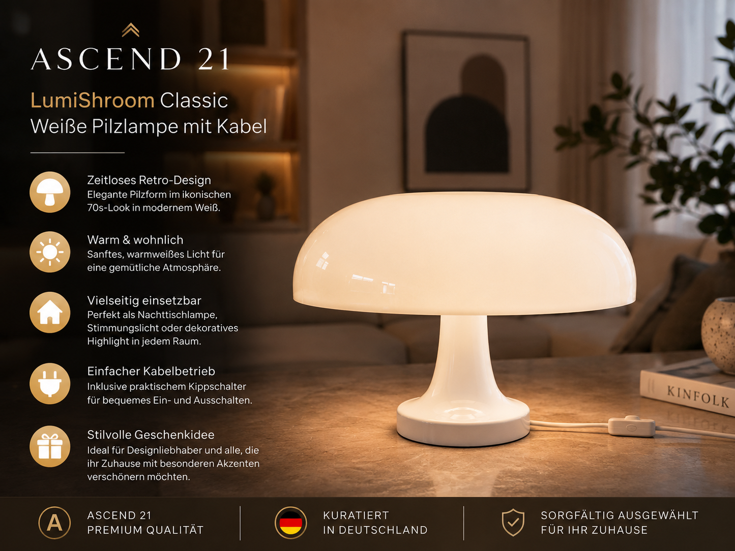 LumiShroom Classic – Zeitlose Retro-Ästhetik in modernem Weiß
