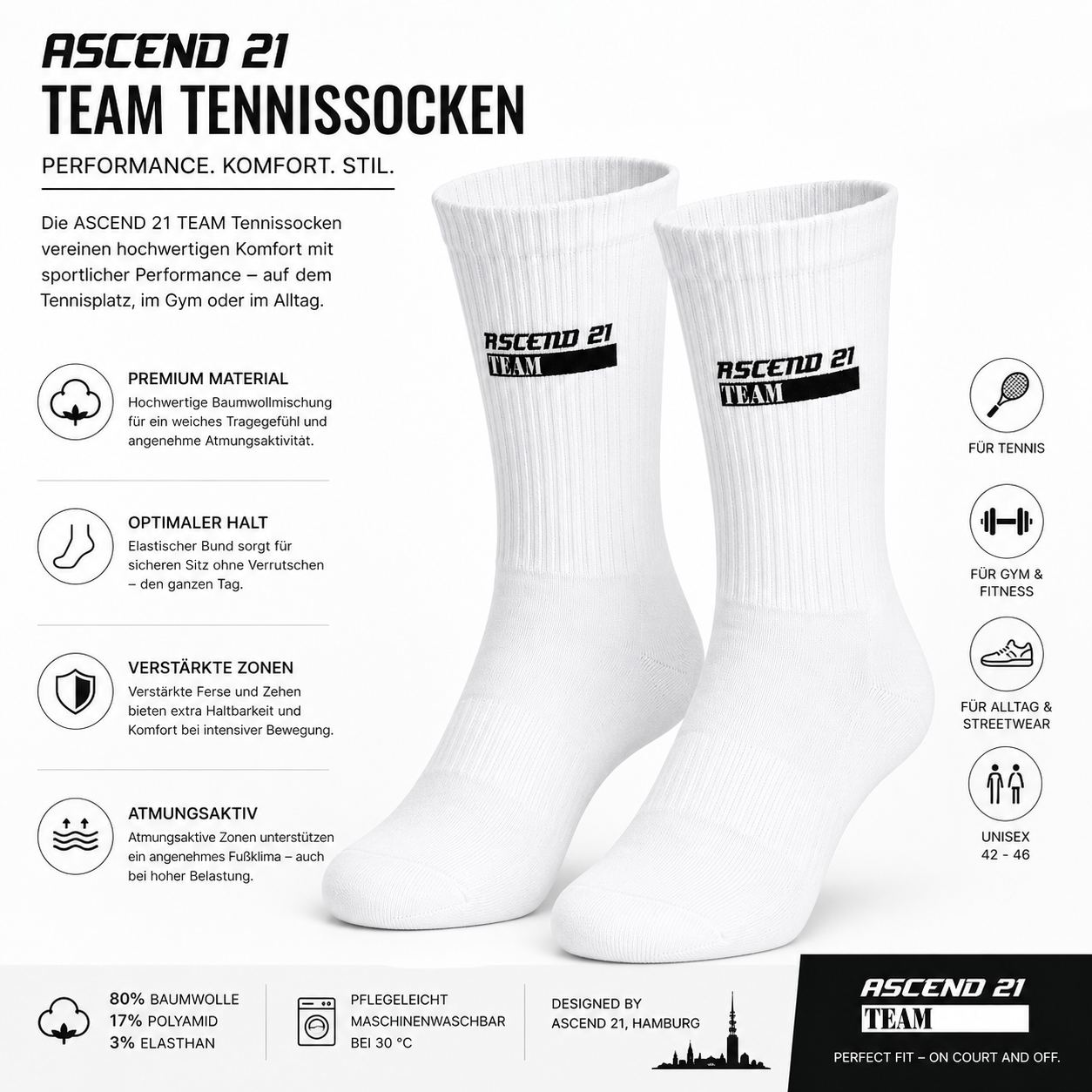ASCEND 21 TEAM Tennissocken Herren & Damen – Premium Sportsocken aus Baumwolle – Weiße Tennissocken mit Logo – Sportsocken für Tennis, Gym, Fitness & Alltag (42–46) Bullet Point 1 – Premium Komfort