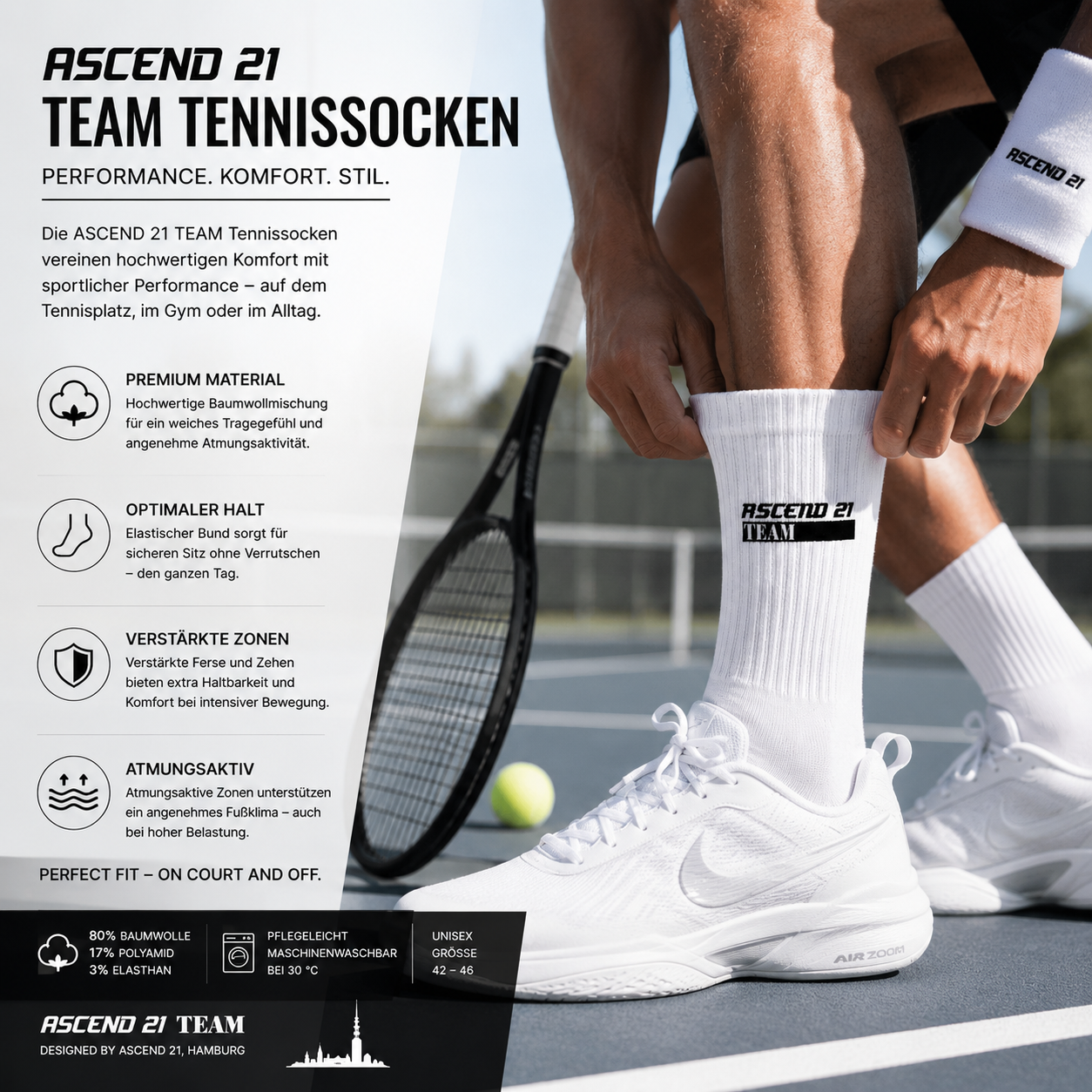 ASCEND 21 TEAM Tennissocken Herren & Damen – Premium Sportsocken aus Baumwolle – Weiße Tennissocken mit Logo – Sportsocken für Tennis, Gym, Fitness & Alltag (42–46) Bullet Point 1 – Premium Komfort