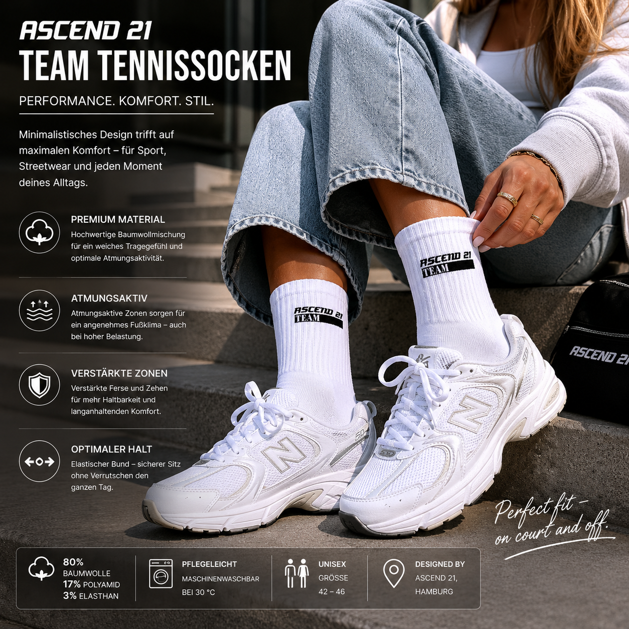 ASCEND 21 TEAM Tennissocken Herren & Damen – Premium Sportsocken aus Baumwolle – Weiße Tennissocken mit Logo – Sportsocken für Tennis, Gym, Fitness & Alltag (42–46) Bullet Point 1 – Premium Komfort