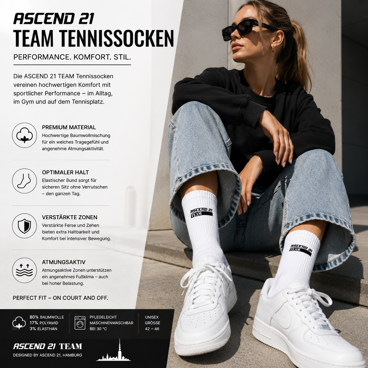 ASCEND 21 TEAM Tennissocken Herren & Damen – Premium Sportsocken aus Baumwolle – Weiße Tennissocken mit Logo – Sportsocken für Tennis, Gym, Fitness & Alltag (42–46) Bullet Point 1 – Premium Komfort
