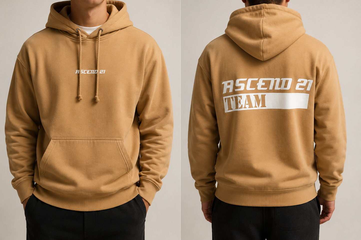 ASCEND 21 Essential Hoodie Herren & Damen – Premium Unisex Kapuzenpullover aus Baumwollmischung – Streetwear Hoodie mit Kängurutasche – Regular Fit – Sand/Camel