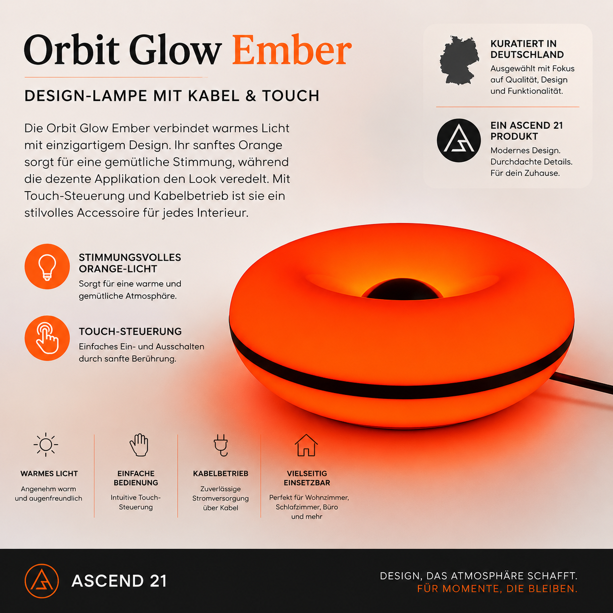 Orbit Glow Ember Design-Lampe Orange mit Touch-Steuerung & Kabel – Moderne LED Tischlampe für Wohnzimmer, Schlafzimmer & Ambientebeleuchtung – Dekolampe mit warmem Licht