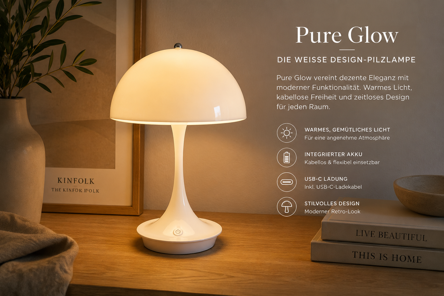 Pure Glow Design Pilzlampe Weiß – Moderne Retro Tischlampe mit warmem Ambientelicht – Stilvolle Nachttischlampe für Wohnzimmer, Schlafzimmer & Home Office