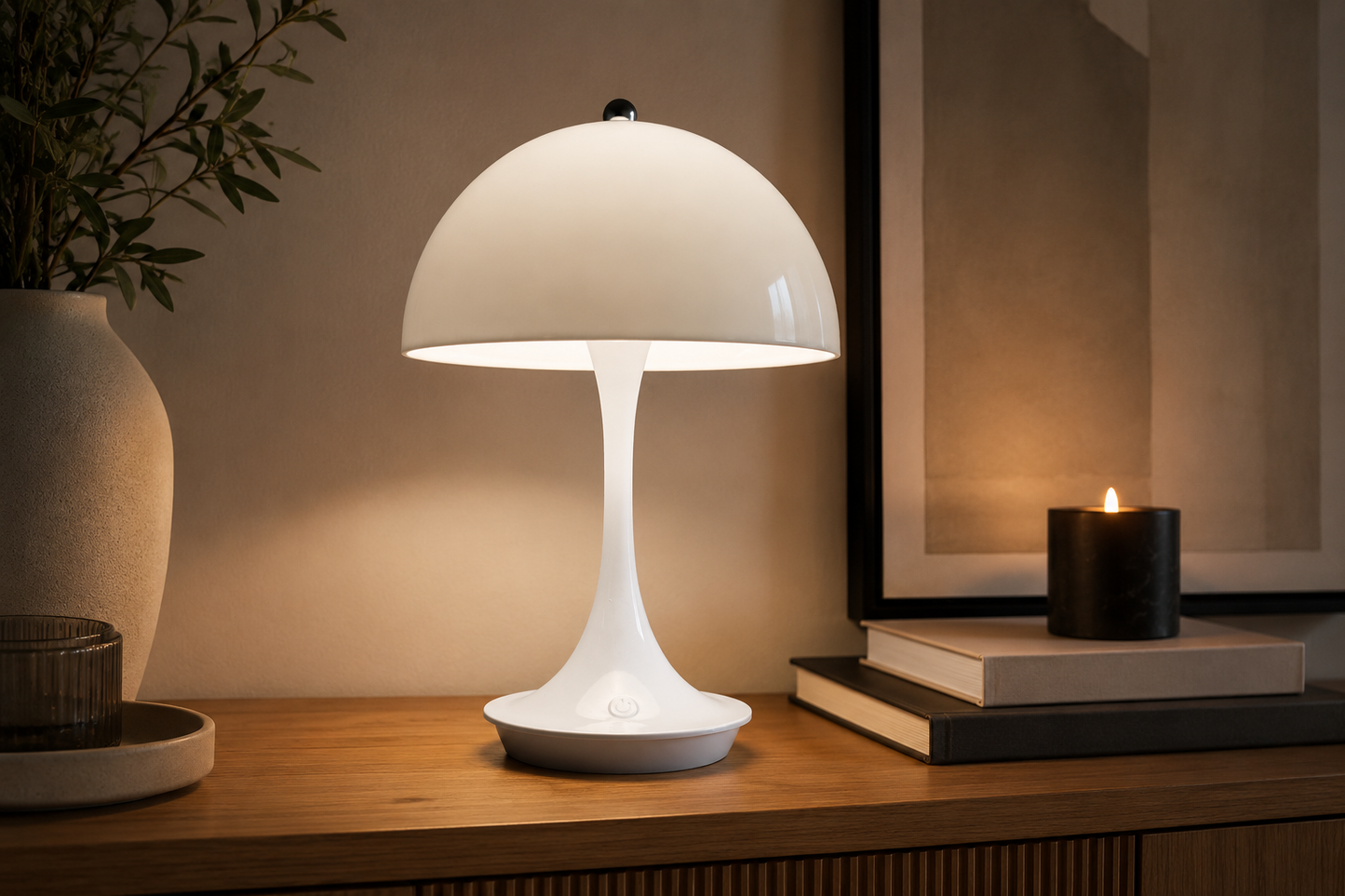 Pure Glow Design Pilzlampe Weiß – Moderne Retro Tischlampe mit warmem Ambientelicht – Stilvolle Nachttischlampe für Wohnzimmer, Schlafzimmer & Home Office