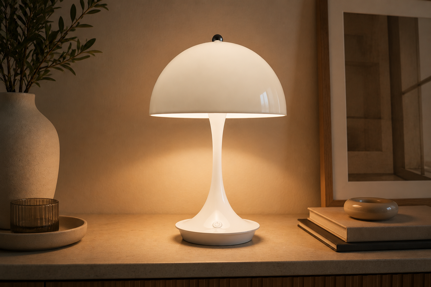 Pure Glow Design Pilzlampe Weiß – Moderne Retro Tischlampe mit warmem Ambientelicht – Stilvolle Nachttischlampe für Wohnzimmer, Schlafzimmer & Home Office