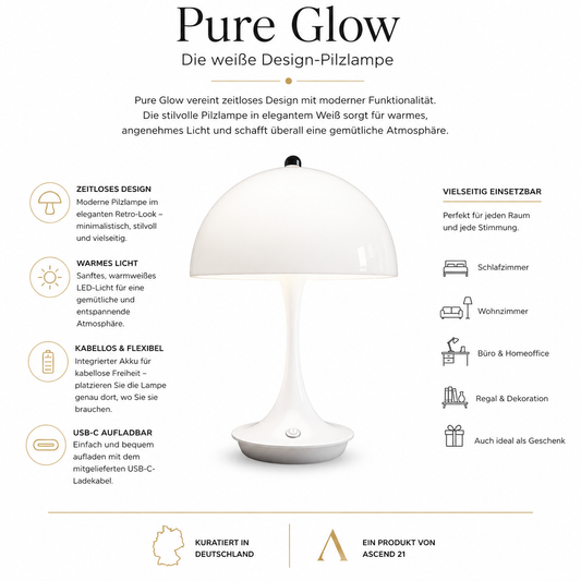 Pure Glow Design Pilzlampe Weiß – Moderne Retro Tischlampe mit warmem Ambientelicht – Stilvolle Nachttischlampe für Wohnzimmer, Schlafzimmer & Home Office