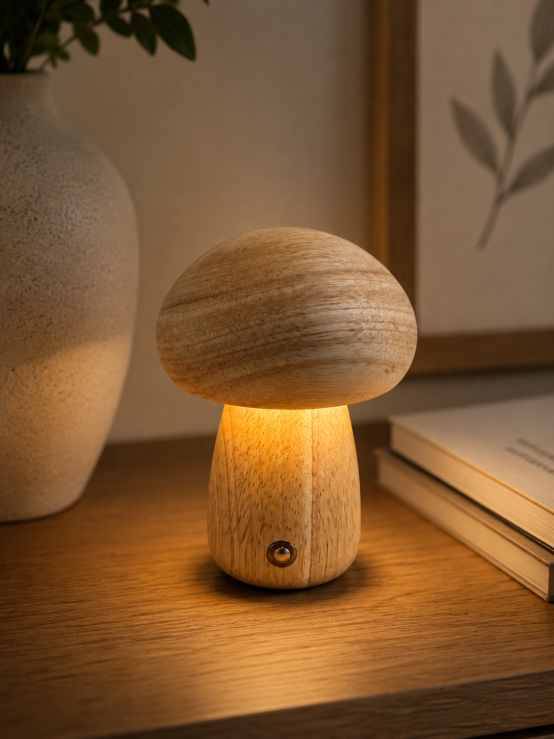 Wooden Mushroom Design Tischlampe aus Echtholz – Moderne Pilzlampe mit warmem Ambientelicht – Stilvolle Holzlampe für Wohnzimmer, Schlafzimmer & Schreibtisch