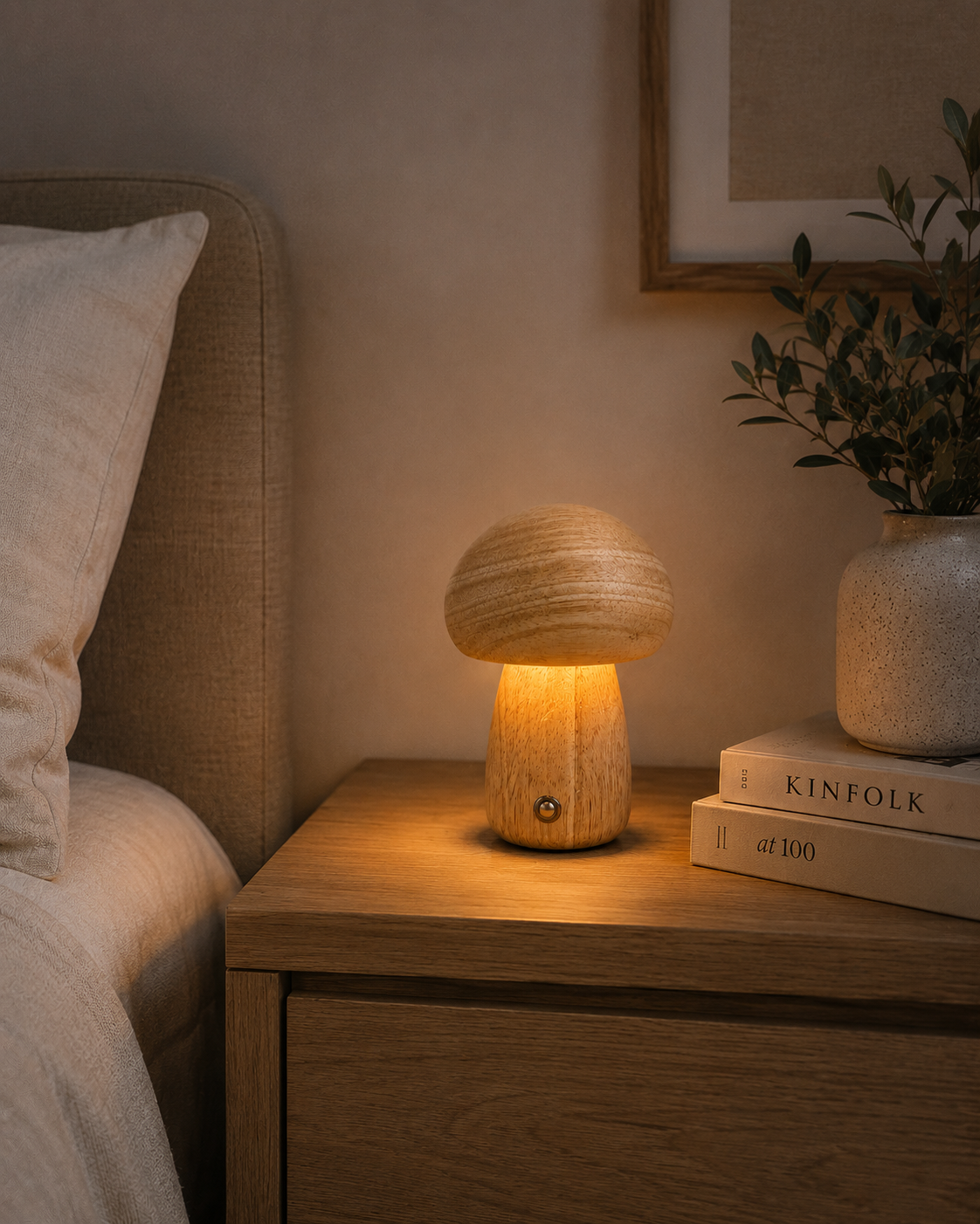 Wooden Mushroom Design Tischlampe aus Echtholz – Moderne Pilzlampe mit warmem Ambientelicht – Stilvolle Holzlampe für Wohnzimmer, Schlafzimmer & Schreibtisch
