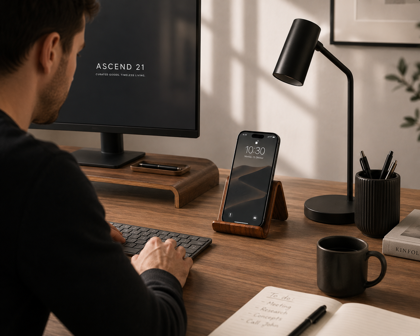 ASCEND 21 NUTRA STAND Handyhalter aus Walnussholz – Smartphone Ständer aus Massivholz – Holz Handyhalter für Schreibtisch, Nachttisch, Küche & Büro