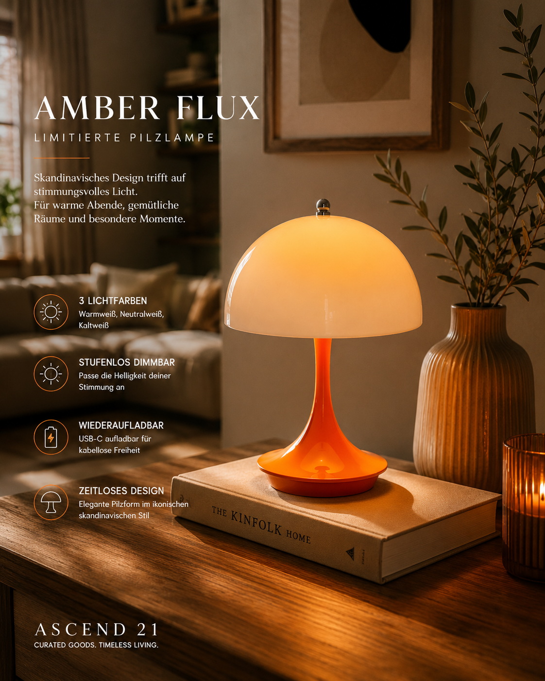 ASCEND 21 Amber Flux LED Pilzlampe – Dimmbare Design-Tischlampe mit 3 Lichtfarben – Wiederaufladbare Ambienteleuchte für Wohnzimmer, Schlafzimmer, Balkon & Sommerabende