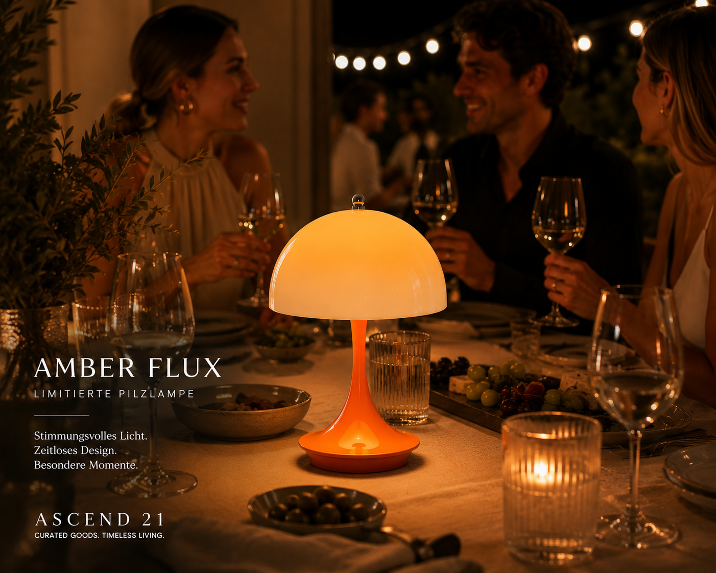 ASCEND 21 Amber Flux LED Pilzlampe – Dimmbare Design-Tischlampe mit 3 Lichtfarben – Wiederaufladbare Ambienteleuchte für Wohnzimmer, Schlafzimmer, Balkon & Sommerabende