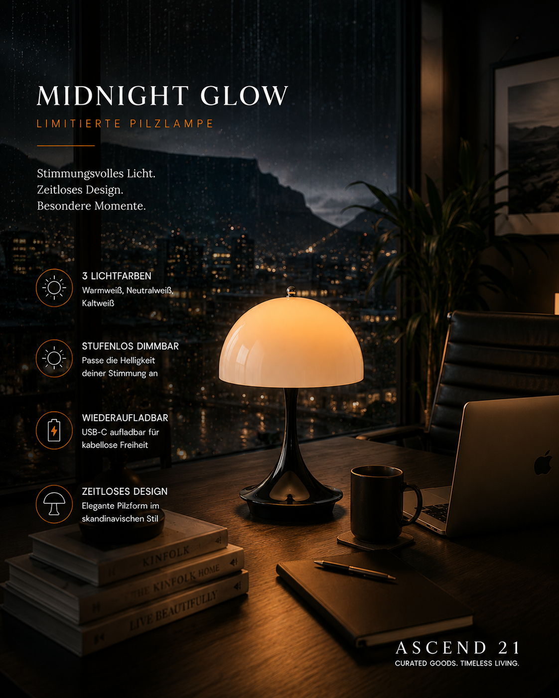ASCEND 21 Midnight Glow LED Pilzlampe – Dimmbare Design-Tischlampe mit 3 Lichtfarben – Moderne Ambienteleuchte für Wohnzimmer, Schlafzimmer & Homeoffice
