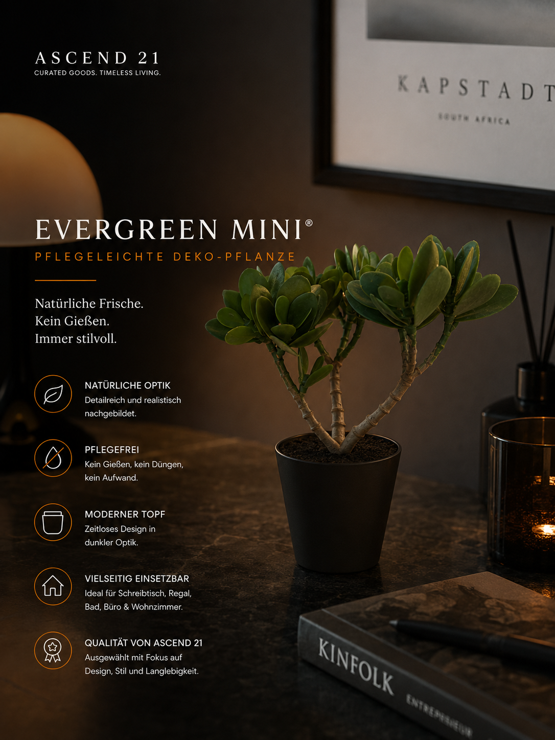 ASCEND 21 EVERGREEN MINI® Kunstpflanze – Realistische Deko-Pflanze im modernen Topf – Pflegefreie Zimmerpflanze für Schreibtisch, Regal, Badezimmer & Wohnzimmer