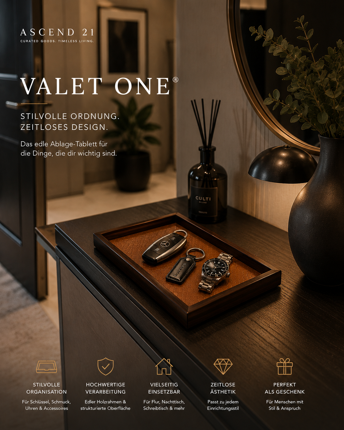 ASCEND 21 VALET ONE Holz-Ablage-Tablett – Elegante Schlüsselschale & Organizer für Schlüssel, Schmuck, Uhren & Accessoires – Stilvolle Ablage für Flur, Nachttisch & Schreibtisch