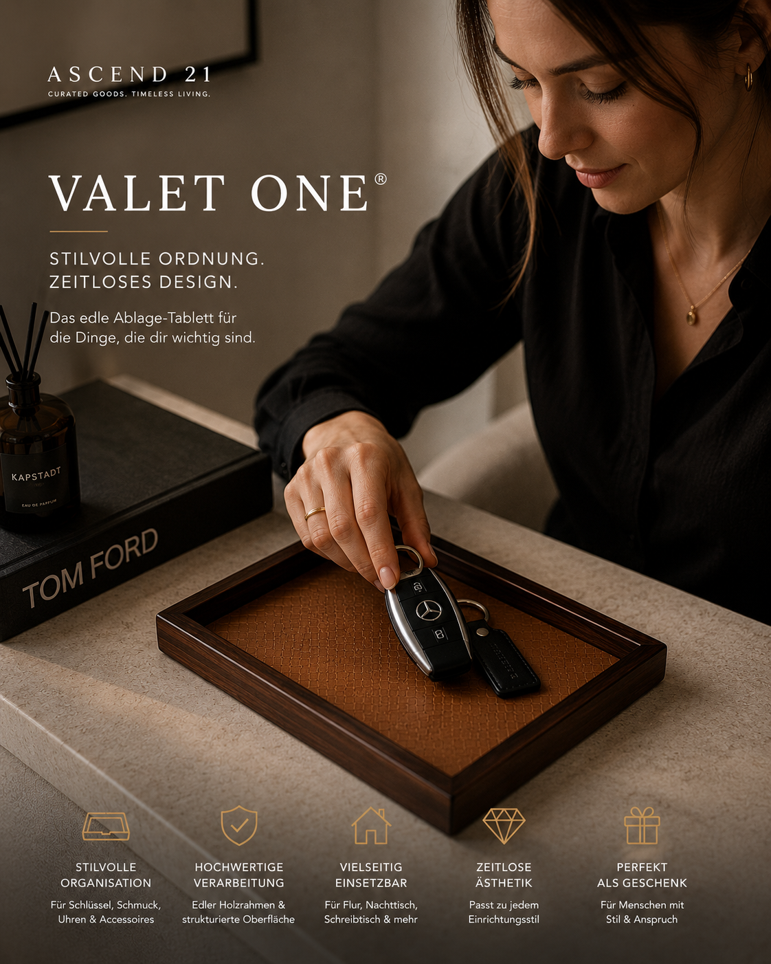 ASCEND 21 VALET ONE Holz-Ablage-Tablett – Elegante Schlüsselschale & Organizer für Schlüssel, Schmuck, Uhren & Accessoires – Stilvolle Ablage für Flur, Nachttisch & Schreibtisch