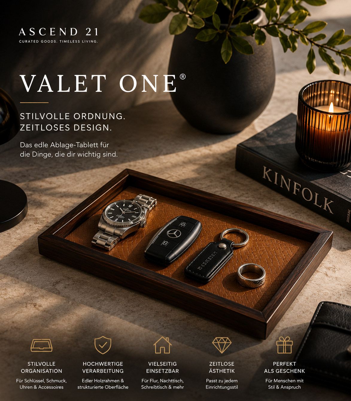ASCEND 21 VALET ONE Holz-Ablage-Tablett – Elegante Schlüsselschale & Organizer für Schlüssel, Schmuck, Uhren & Accessoires – Stilvolle Ablage für Flur, Nachttisch & Schreibtisch