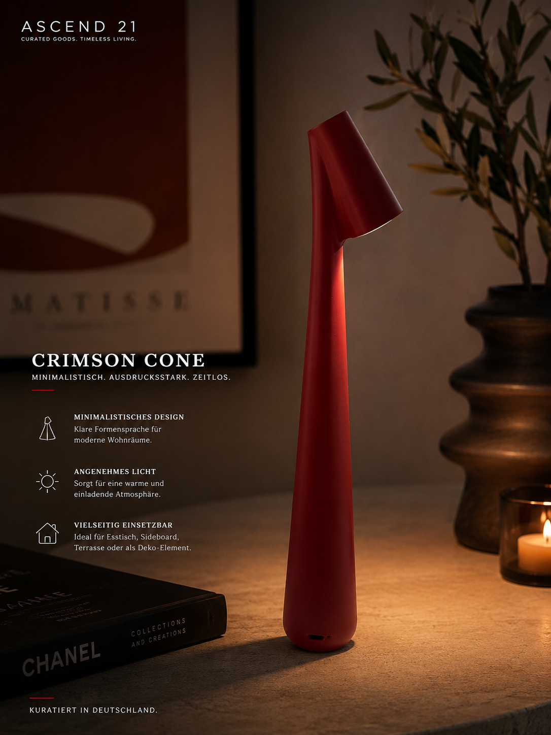 ASCEND 21 Crimson Cone Design-Tischlampe Rot – Moderne Ambienteleuchte im minimalistischen Look – Stilvolle Dekolampe für Wohnzimmer, Schlafzimmer & Homeoffice