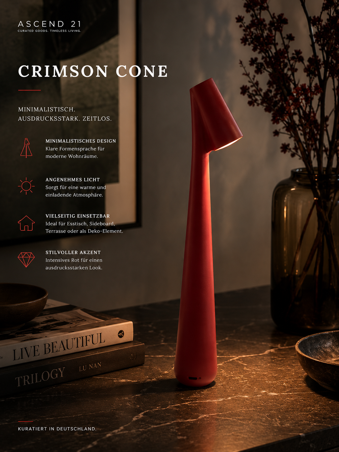 ASCEND 21 Crimson Cone Design-Tischlampe Rot – Moderne Ambienteleuchte im minimalistischen Look – Stilvolle Dekolampe für Wohnzimmer, Schlafzimmer & Homeoffice