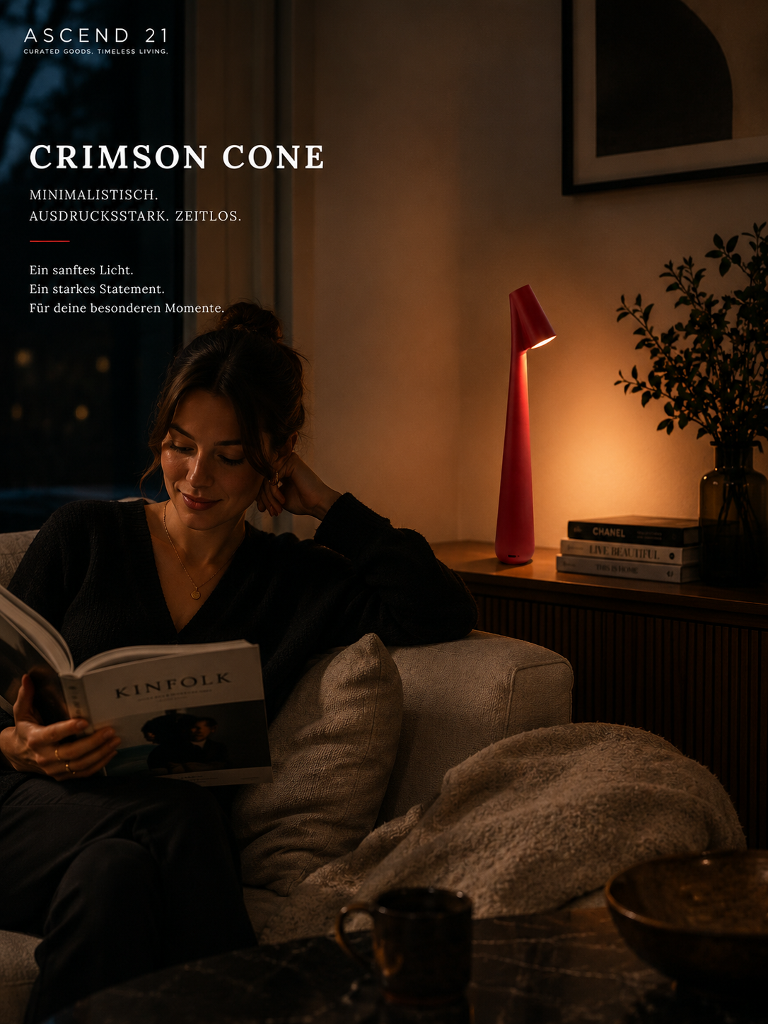 ASCEND 21 Crimson Cone Design-Tischlampe Rot – Moderne Ambienteleuchte im minimalistischen Look – Stilvolle Dekolampe für Wohnzimmer, Schlafzimmer & Homeoffice