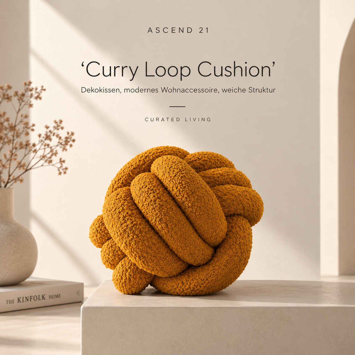Curryfarbenes Knotenkissen – ASCEND 21 ‘Curry Loop Cushion’ | Dekokissen, modernes Wohnaccessoire, weiche Struktur