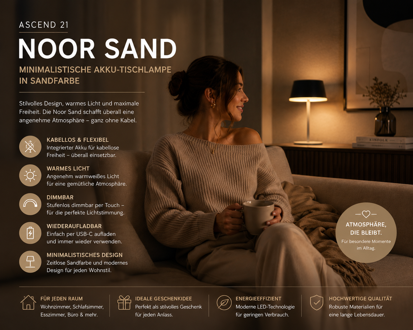 ASCEND 21 Noor Sand Tischlampe – Minimalistische Designleuchte in Sandfarbe, Dimmbar, Warmweißes Licht, Modernes Wohnaccessoire für Wohnzimmer, Schlafzimmer & Esstisch