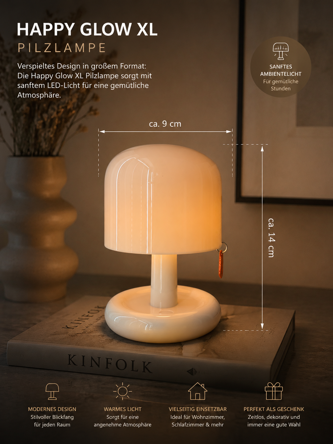 ASCEND 21 Happy Glow XL – Große Tischlampe im Pilzdesign | Modernes Ambientelicht für Wohnzimmer, Schlafzimmer & Kinderzimmer