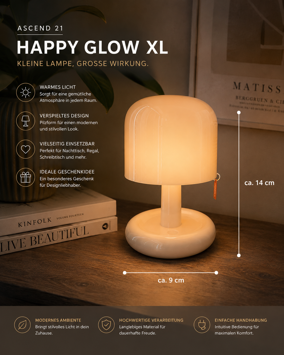 ASCEND 21 Happy Glow XL – Große Tischlampe im Pilzdesign | Modernes Ambientelicht für Wohnzimmer, Schlafzimmer & Kinderzimmer