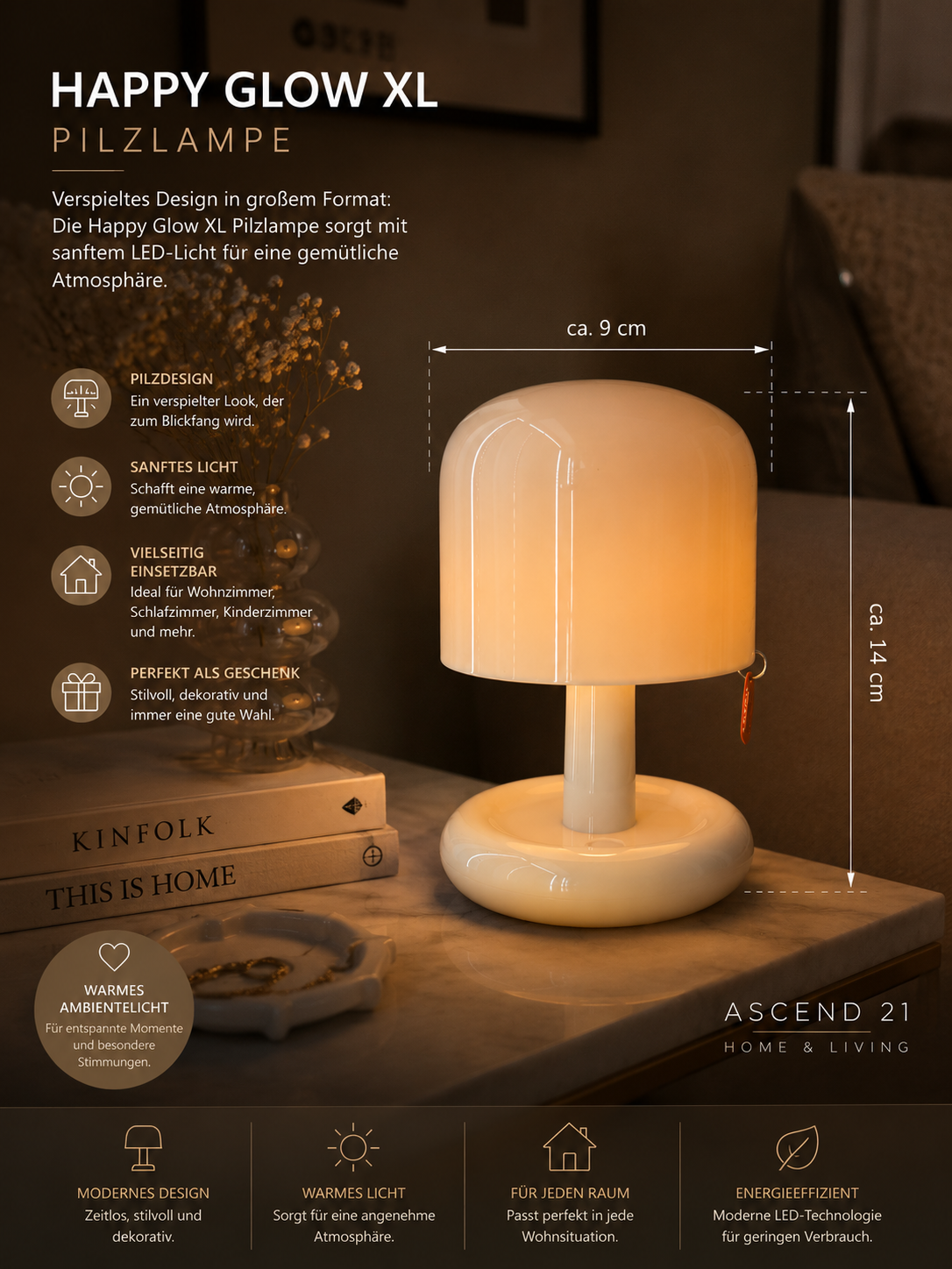 ASCEND 21 Happy Glow XL – Große Tischlampe im Pilzdesign | Modernes Ambientelicht für Wohnzimmer, Schlafzimmer & Kinderzimmer