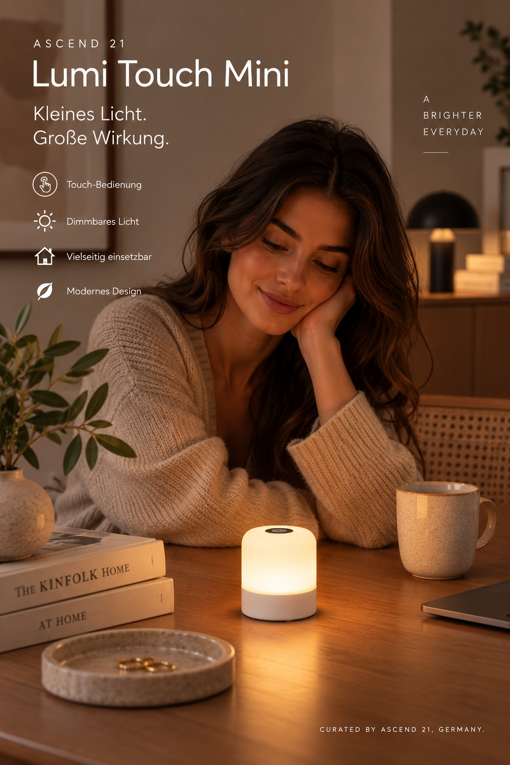 ASCEND 21 Lumi Touch Mini LED Tischlampe Weiß – Dimmbares Nachtlicht mit Touch-Bedienung, moderne Tischleuchte für Schlafzimmer, Nachttisch und Wohnbereich