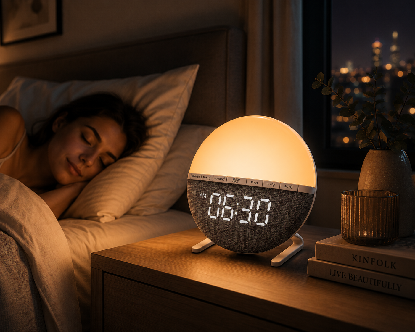 ASCEND 21 AURORA CLOCK™ Lichtwecker mit Digitaluhr – Dimmbare Nachttischlampe mit Weckfunktion & Ambientelicht – Moderne Schlafzimmerlampe im Sunrise Design