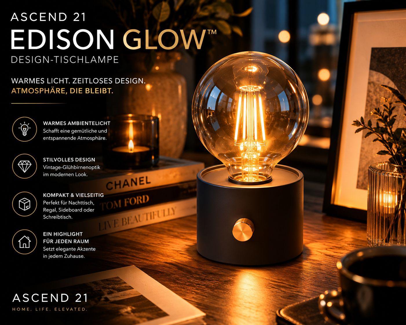 ASCEND 21 EDISON GLOW™ Design-Tischlampe – Vintage Ambienteleuchte im Industrial Look – Dekolampe für Wohnzimmer, Schlafzimmer, Regal & Homeoffice