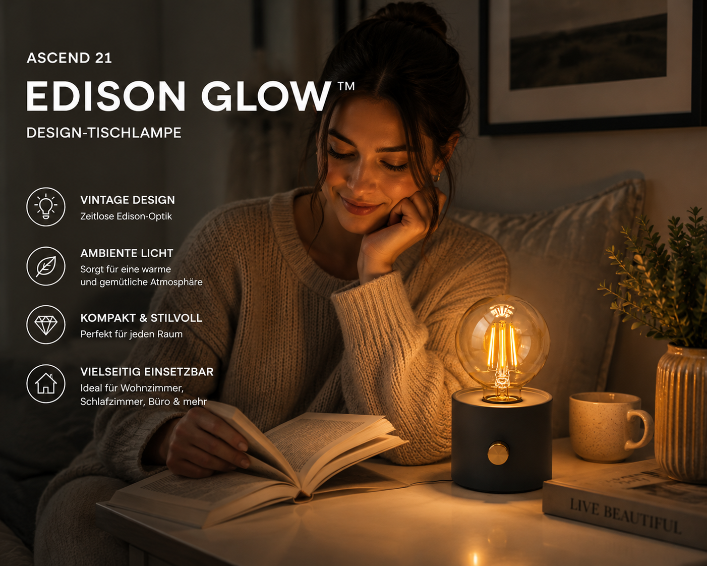 ASCEND 21 EDISON GLOW™ Design-Tischlampe – Vintage Ambienteleuchte im Industrial Look – Dekolampe für Wohnzimmer, Schlafzimmer, Regal & Homeoffice