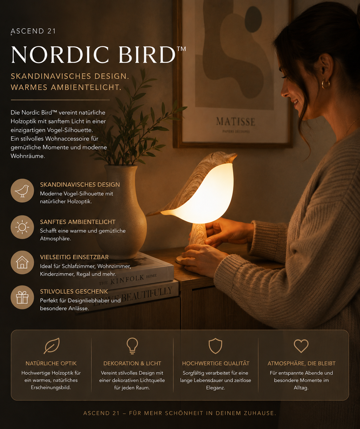 ASCEND 21 NORDIC BIRD™ Designleuchte in Vogeloptik – Skandinavische Tischlampe mit warmem Licht – Dekolampe für Schlafzimmer, Wohnzimmer, Kinderzimmer & Regal