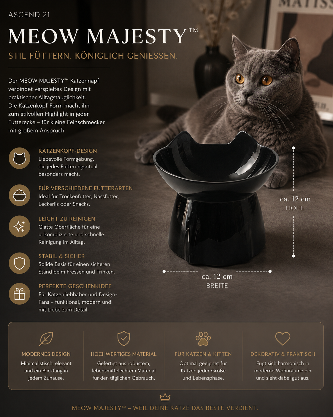 ASCEND 21 MEOW MAJESTY™ Katzennapf in Katzenkopf-Form – Futternapf für Katzen & Kitten – Stilvoller Fressnapf für Trockenfutter, Nassfutter & Snacks – Modernes Design für Zuhause