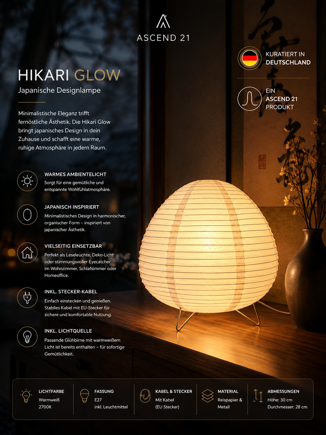 ASCEND 21 Hikari Glow Designlampe – Japandi Tischlampe im japanischen Stil – Minimalistische Papierlampe mit warmem Ambientelicht für Wohnzimmer, Schlafzimmer & Homeoffice