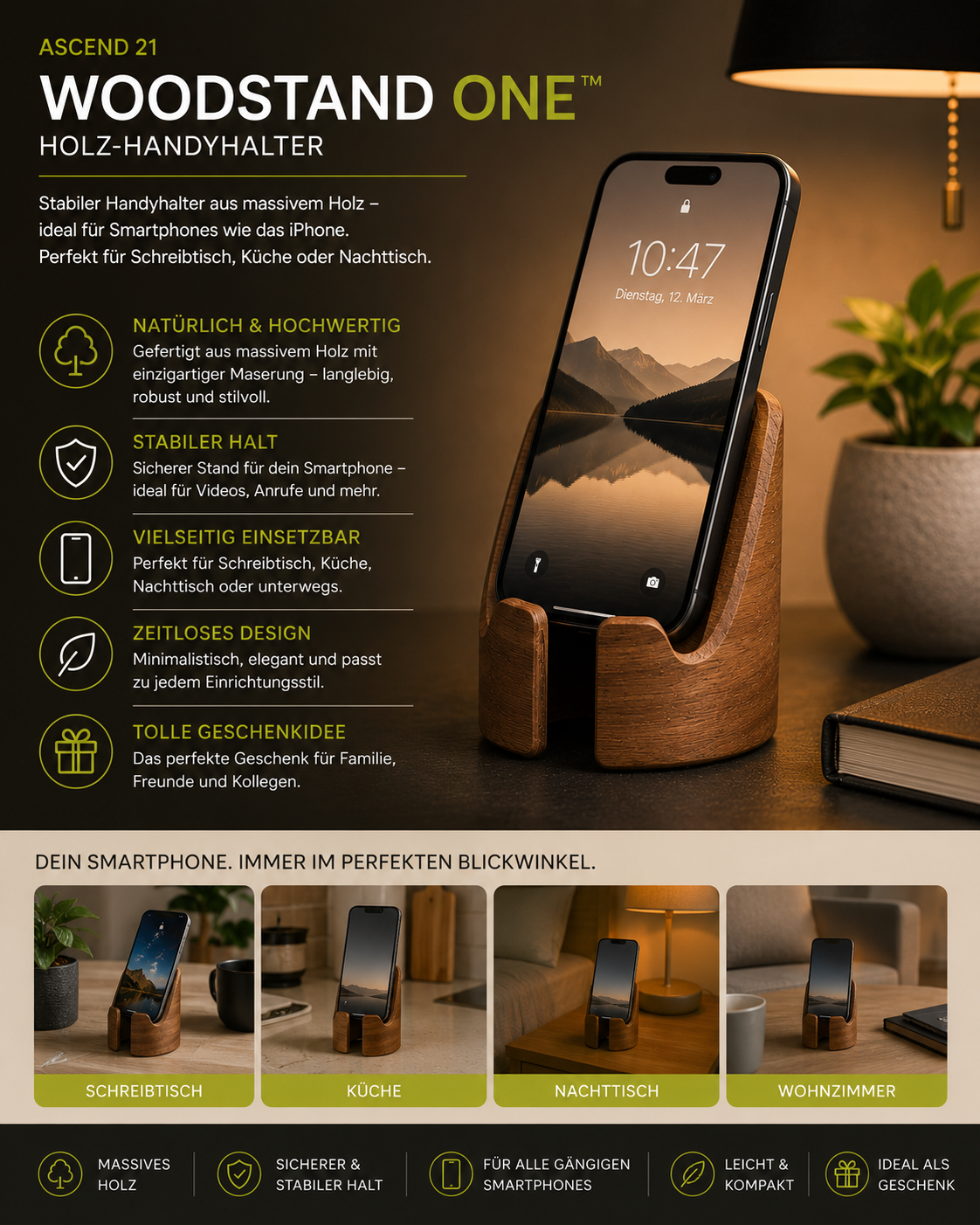 ASCEND 21 WOODSTAND ONE™ Handyhalter aus Holz – Smartphone-Ständer für Schreibtisch, Küche & Nachttisch – Natürlicher Holzständer für iPhone & gängige Smartphones