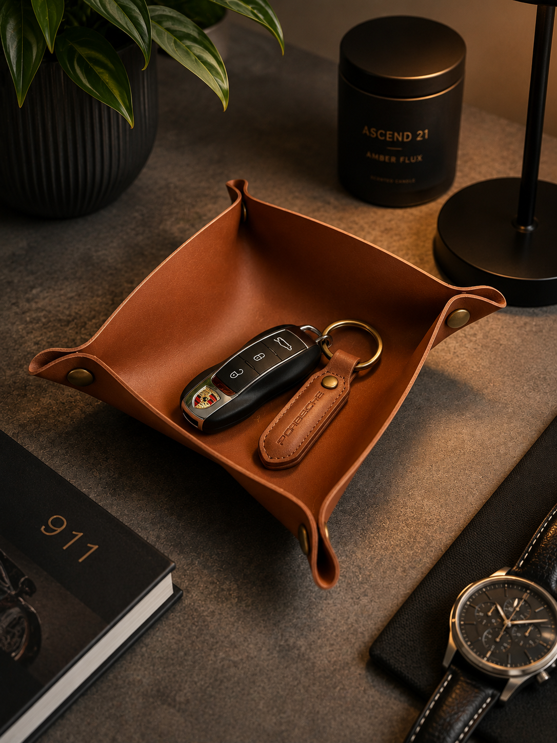ASCEND 21 VALET TRAY™ Ablageschale aus Kunstleder – Faltbare Organizer-Schale mit Druckknöpfen – Schlüsselablage für Schreibtisch, Nachttisch, Büro & Zuhause – Braun