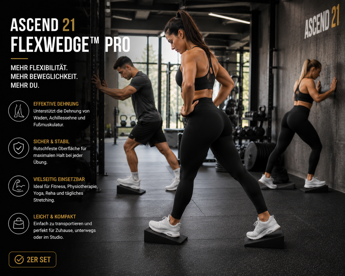 ASCEND 21 FLEXWEDGE™ Pro Dehnkeil 2er Set – Schrägbrett für Wadendehnung, Achillessehne, Fersensporn & Mobilitätstraining – Stretching Keil für Physiotherapie, Fitness, Yoga und Rehabilitation