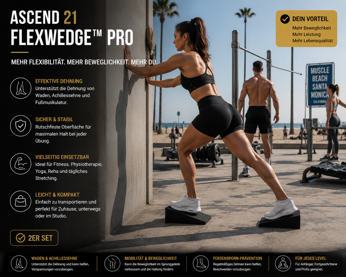 ASCEND 21 FLEXWEDGE™ Pro Dehnkeil 2er Set – Schrägbrett für Wadendehnung, Achillessehne, Fersensporn & Mobilitätstraining – Stretching Keil für Physiotherapie, Fitness, Yoga und Rehabilitation