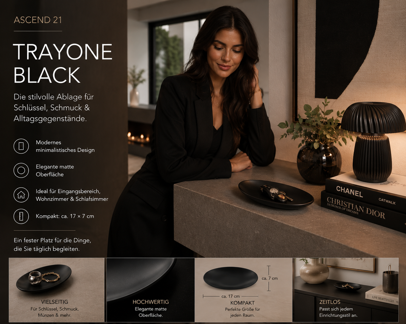 ASCEND 21 TrayOne Black – Matte Ablageschale in Schwarz | Dekorative Schlüsselschale für Schlüssel, Münzen, Schmuck & Alltagsgegenstände | Modernes Design für Flur, Büro & Wohnzimmer