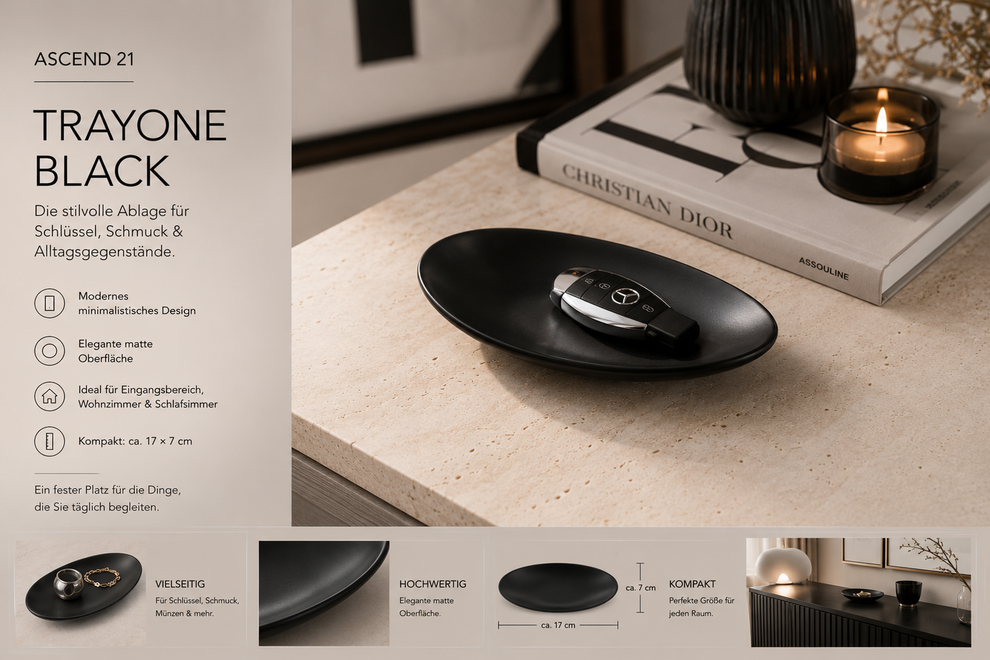 ASCEND 21 TrayOne Black – Matte Ablageschale in Schwarz | Dekorative Schlüsselschale für Schlüssel, Münzen, Schmuck & Alltagsgegenstände | Modernes Design für Flur, Büro & Wohnzimmer