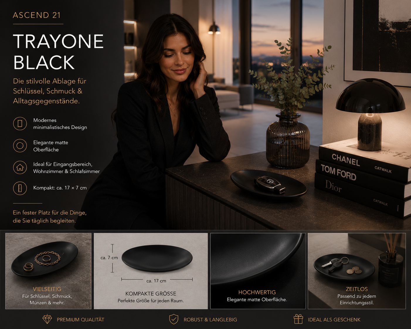 ASCEND 21 TrayOne Black – Matte Ablageschale in Schwarz | Dekorative Schlüsselschale für Schlüssel, Münzen, Schmuck & Alltagsgegenstände | Modernes Design für Flur, Büro & Wohnzimmer