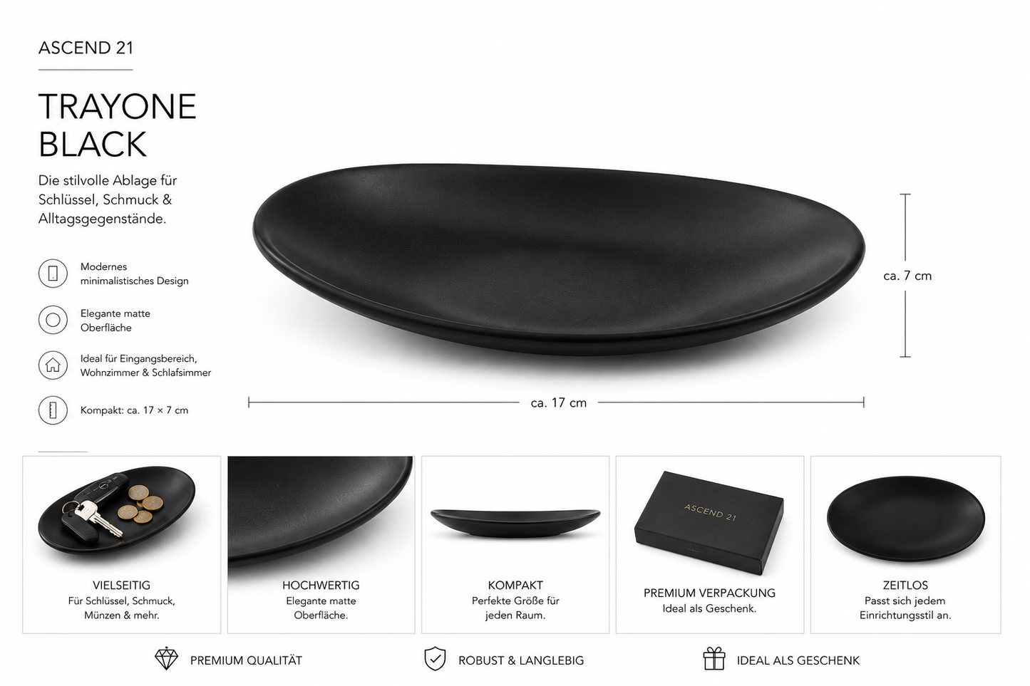 ASCEND 21 TrayOne Black – Matte Ablageschale in Schwarz | Dekorative Schlüsselschale für Schlüssel, Münzen, Schmuck & Alltagsgegenstände | Modernes Design für Flur, Büro & Wohnzimmer