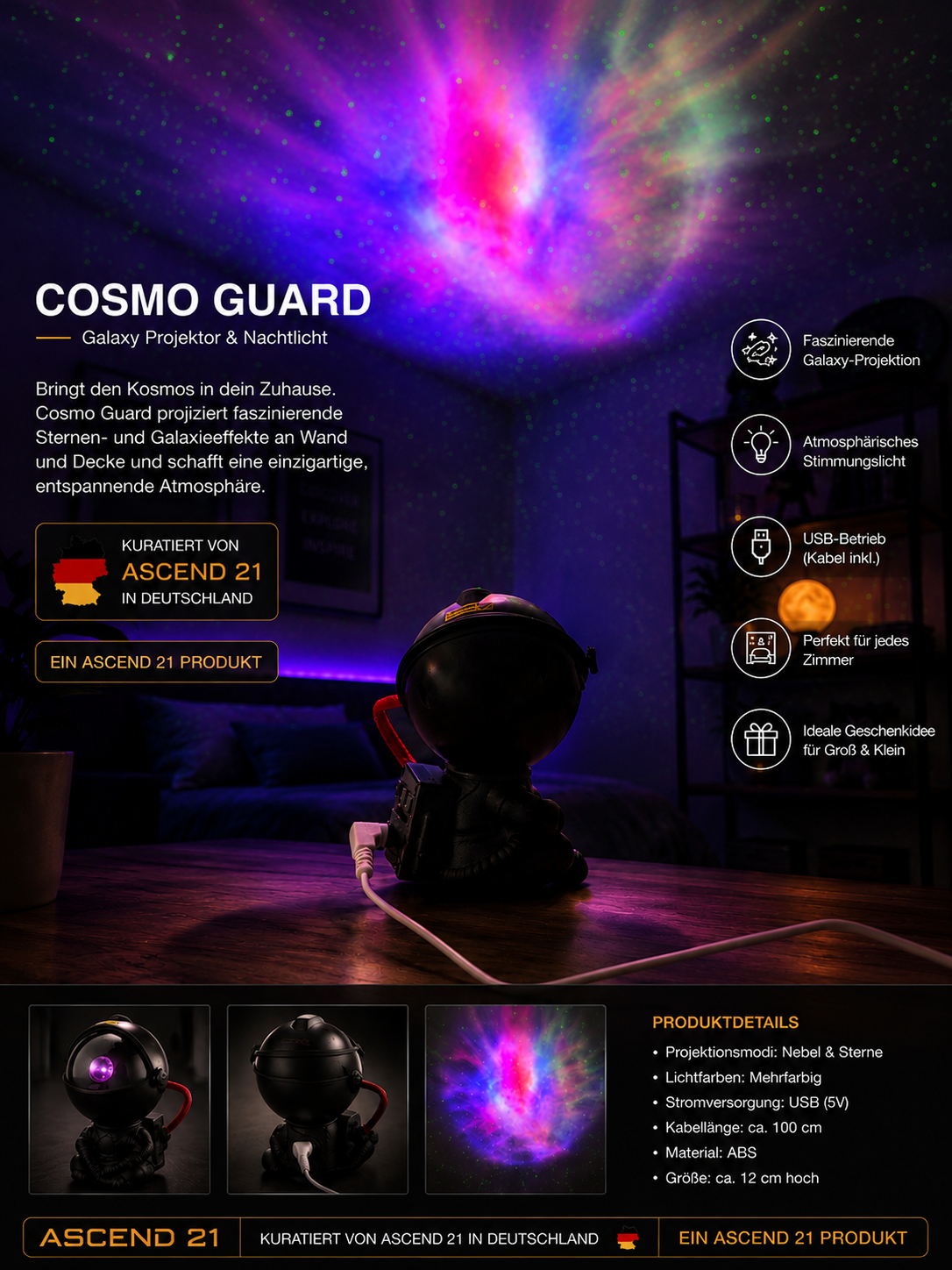 ASCEND 21 Cosmo Guard Galaxy Projektor – Futuristische Astronauten Designlampe mit Sternenhimmel-Effekt – Atmosphärisches Nachtlicht & Stimmungslicht für Schlafzimmer, Gaming Zimmer & Wohnzimmer